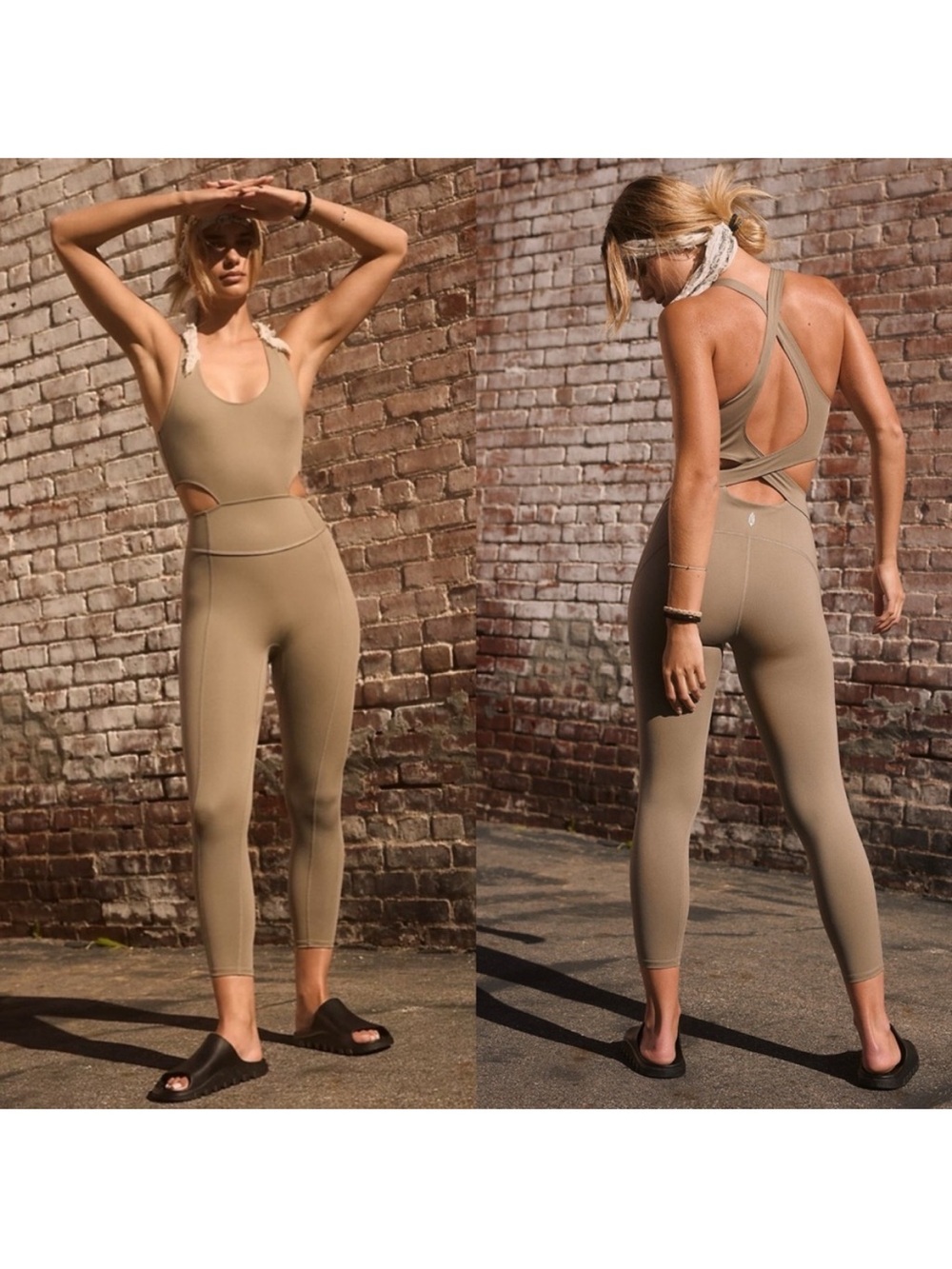 FREE PEOPLE Movement Back It Up Cutout Racerback Jumpsuit in Olive / Sage Green